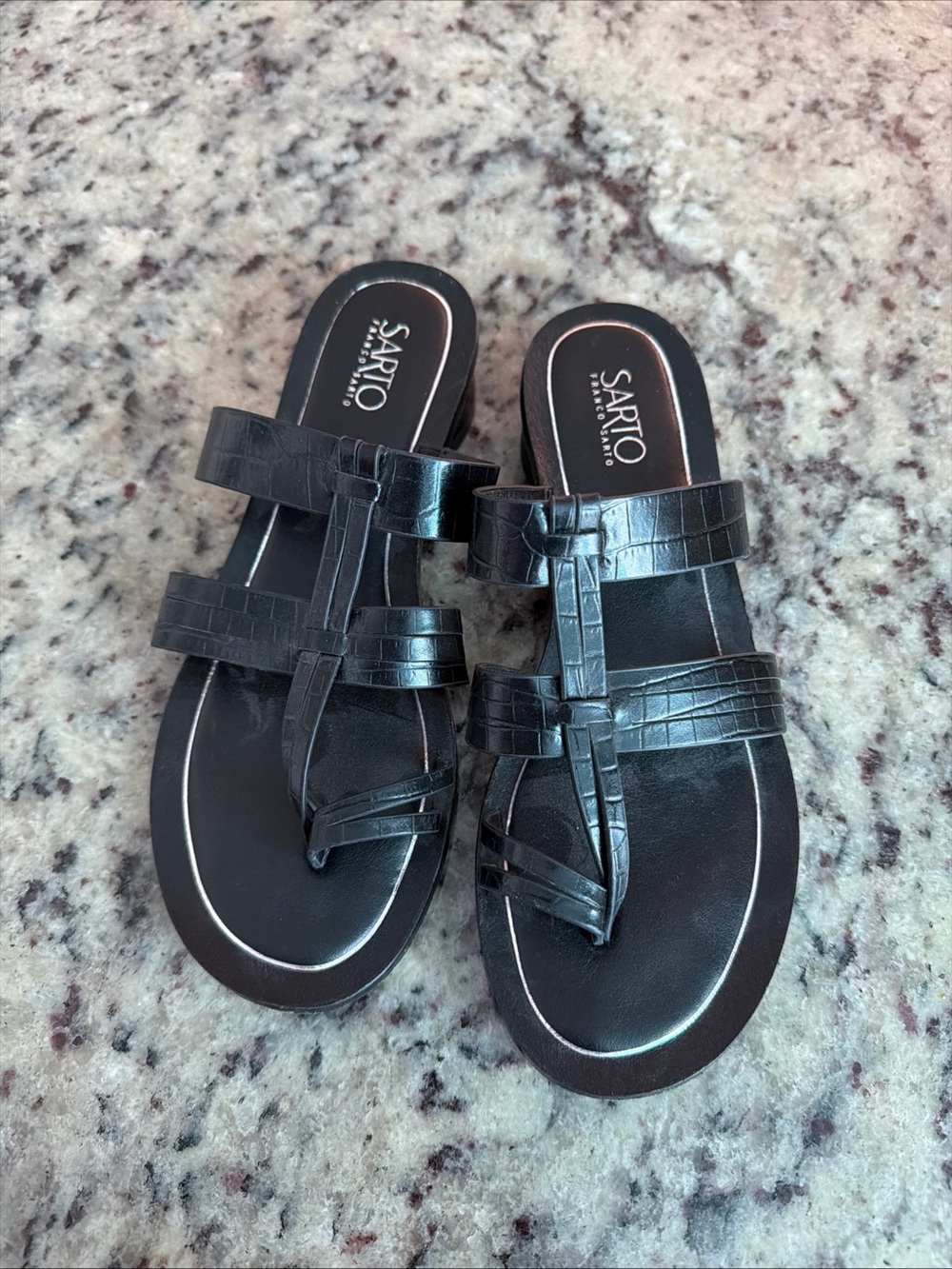 SARTO By Franco Sarto Black Croc-Embossed T-Strap Slide Sandals